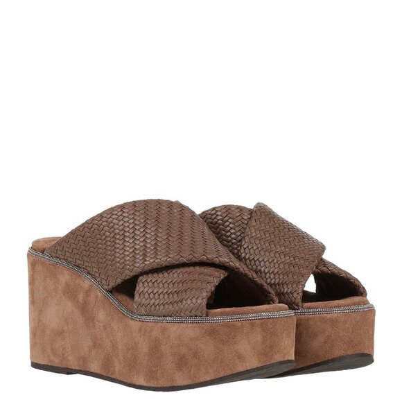 $1550 BRUNELLO CUCINELLI WOVEN LEATHER BROWN PLATFORM SANDALS WITH MONILI 37 - Picture 1 of 10